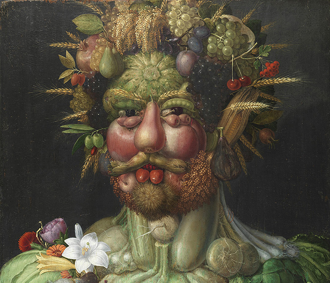 Ansiktet på målningen Vertumnus. Ansiktet är gjort av frukt och blommor.