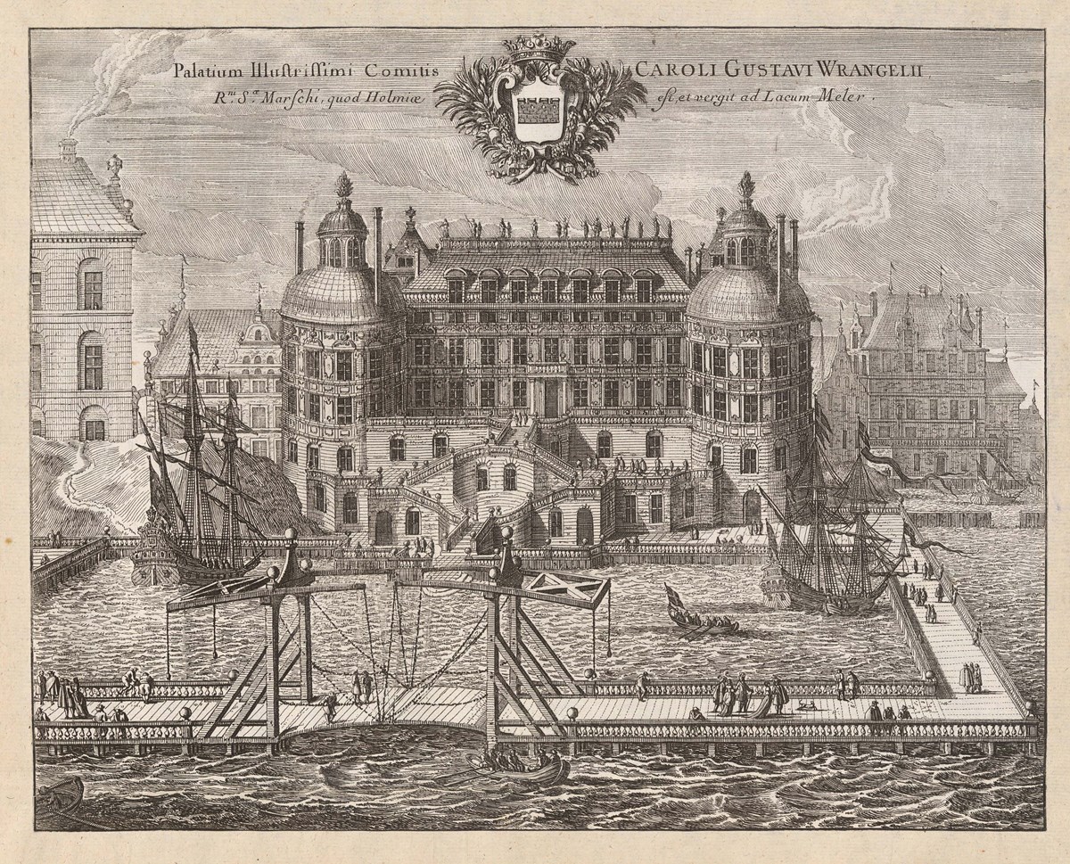 A lagre house with towers in front of a harbour and some ships.