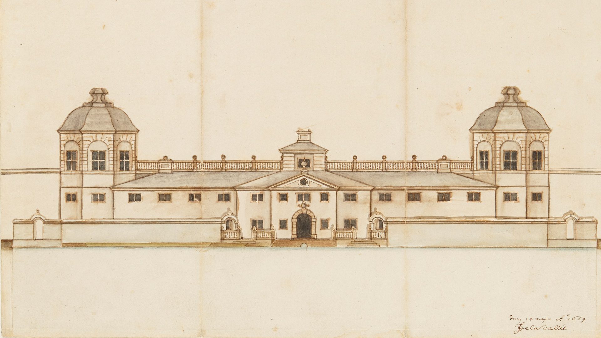 A drawing of a low building with two towers.