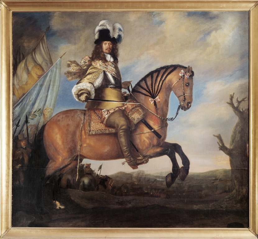 An equestrian portrait of Car Gustaf holding a rapier in his right hand.