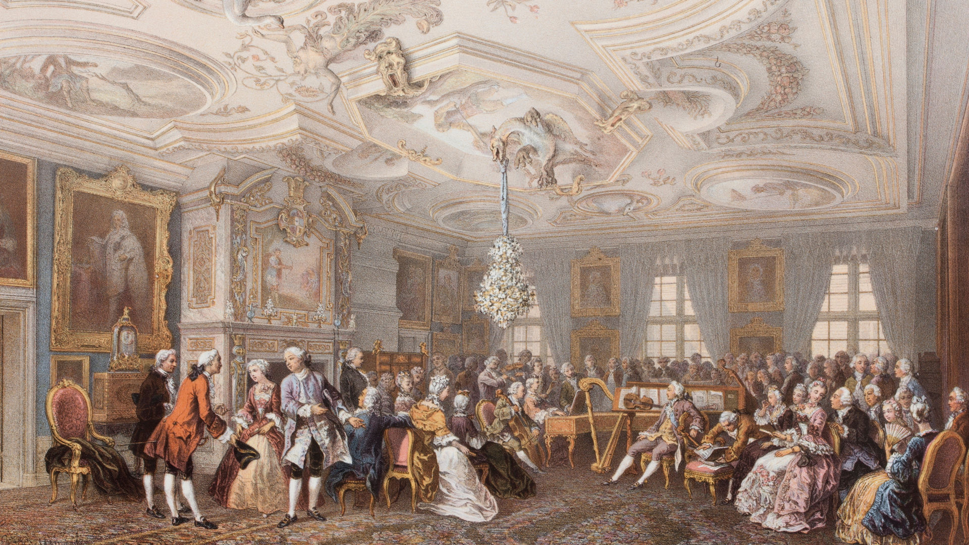 An imaginary scene from the Kings' Hall with a multitude of people in Rococo dress.