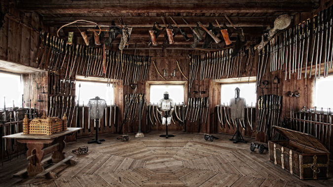 The Wrangel armoury with s guns, rapiers, swords, armour and bows.