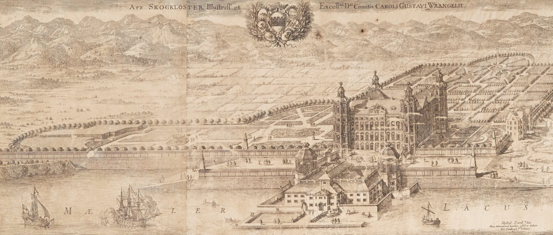 An etching of the castle with its park.