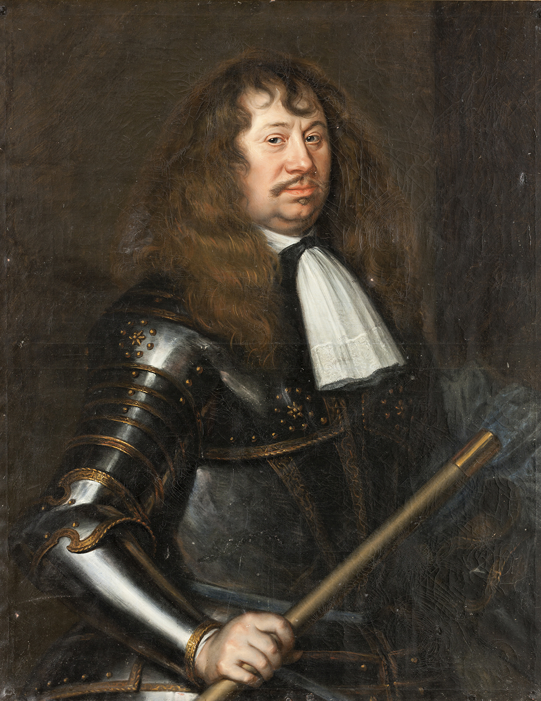 A portrait of Carl Gustaf in a black suit of armour holding a staff in his right hand. He is obese, has long brown hair and a mustache. 