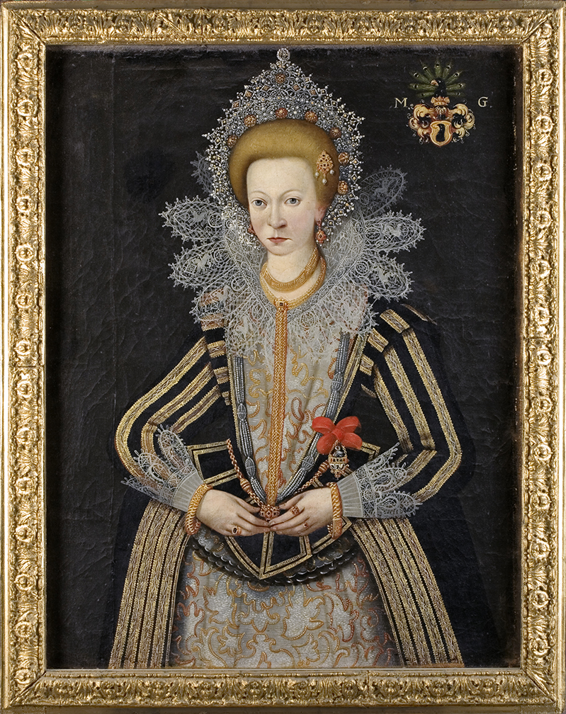 Porträtt av Margareta iförd en rikt utsmyckad klänning, stor spetskrage och en huvudbonad av spets. (Hon ser inte glad ut.)