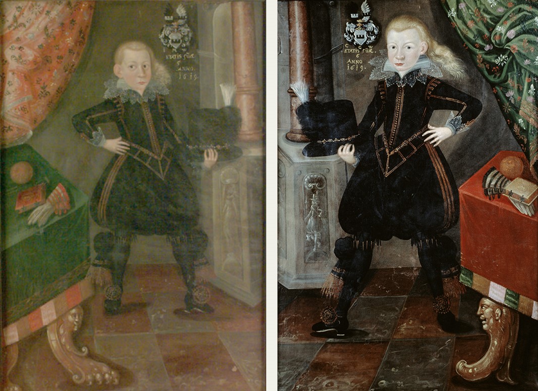 Porträtt av två unga pojkar i svarta dräkter. Bägge står bredbent och har ena handen i sidan. I andra handen har de en hatt med plym.