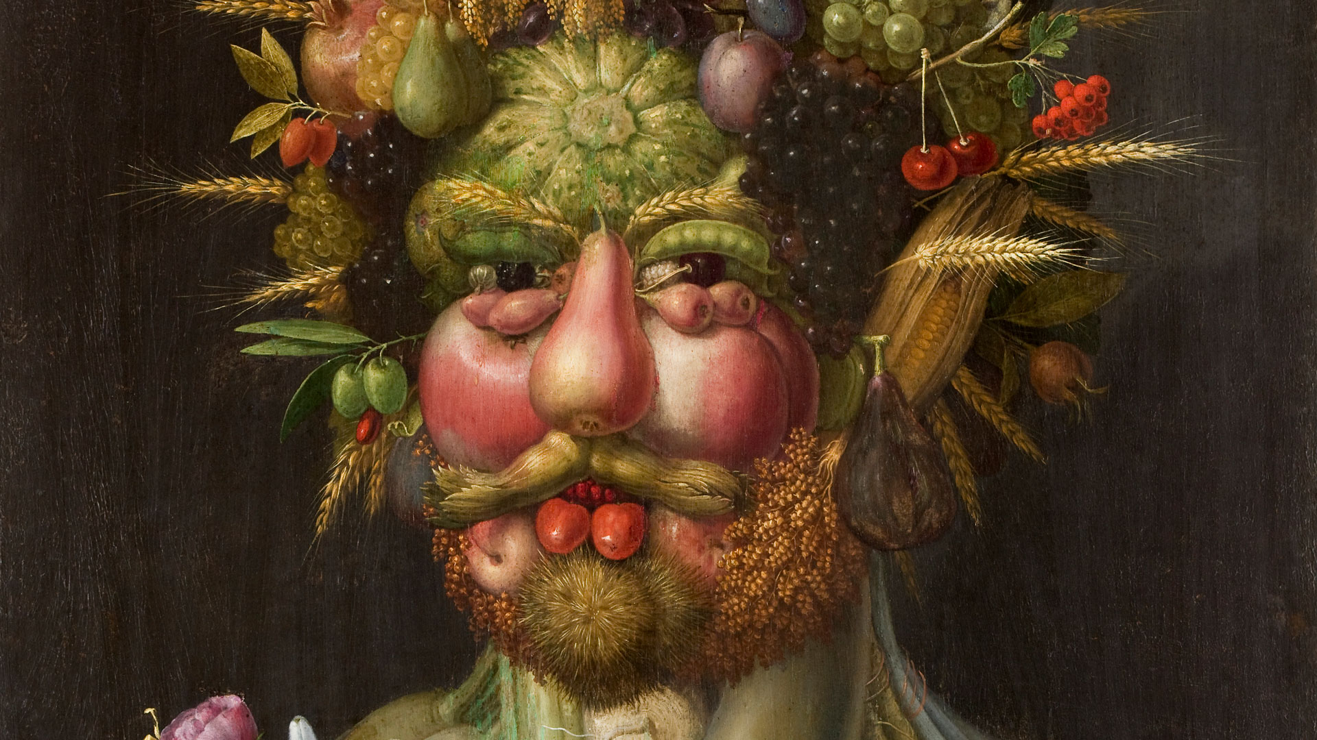Portrait of Vertumnus, a man whose face is painted with fruits, berries and vegetables.