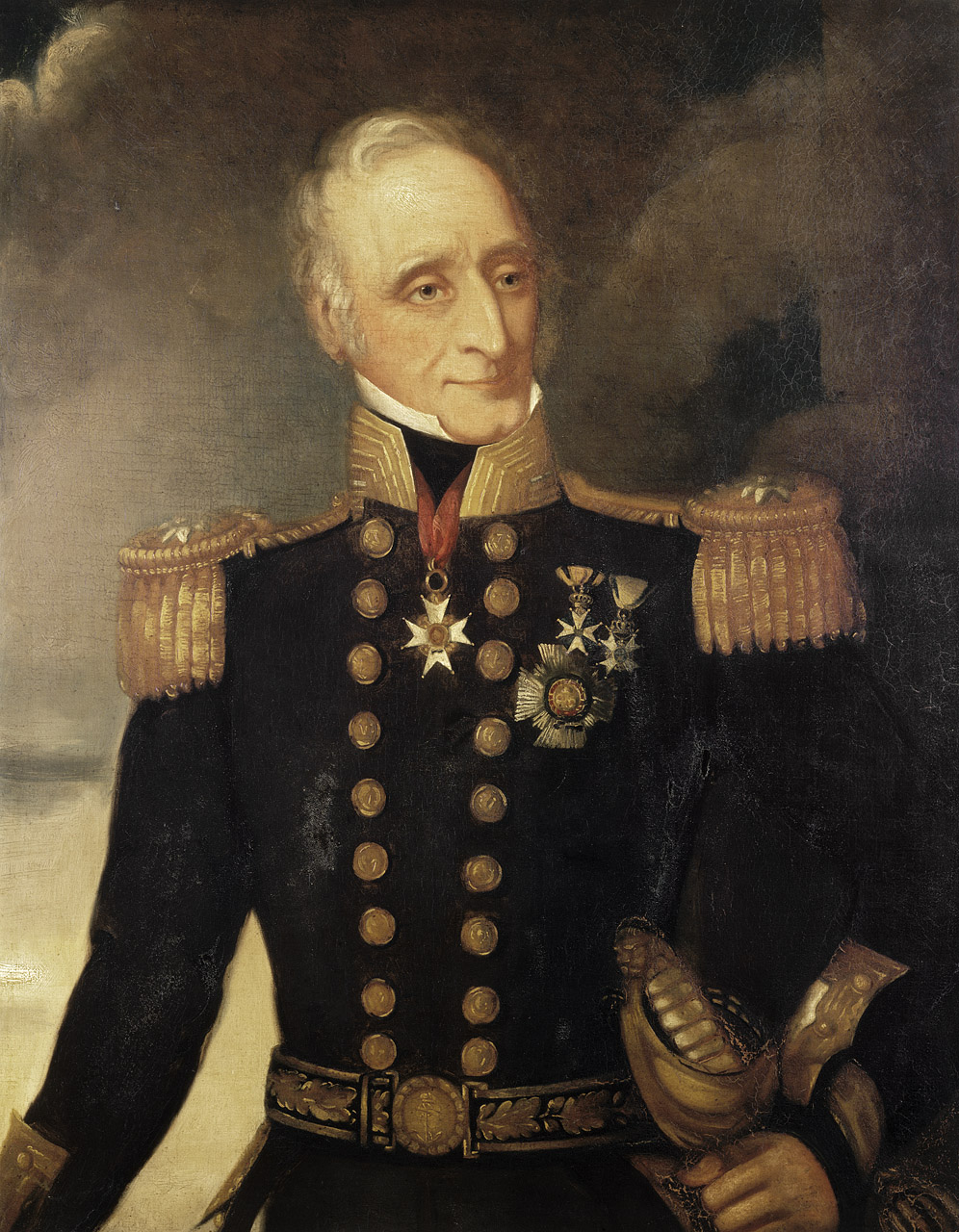 Porträtt av Thomas Baker iförd mörk uniform med metallknappar och epåletter.