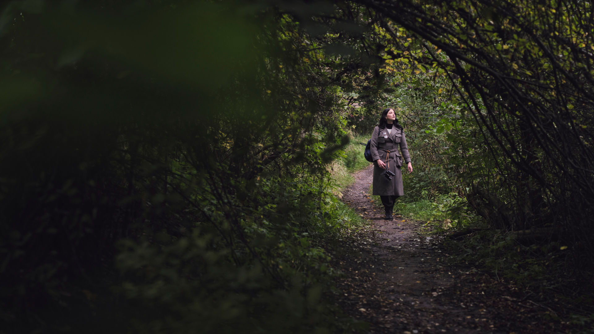 A visitor walking in the autumn leafy castle park.