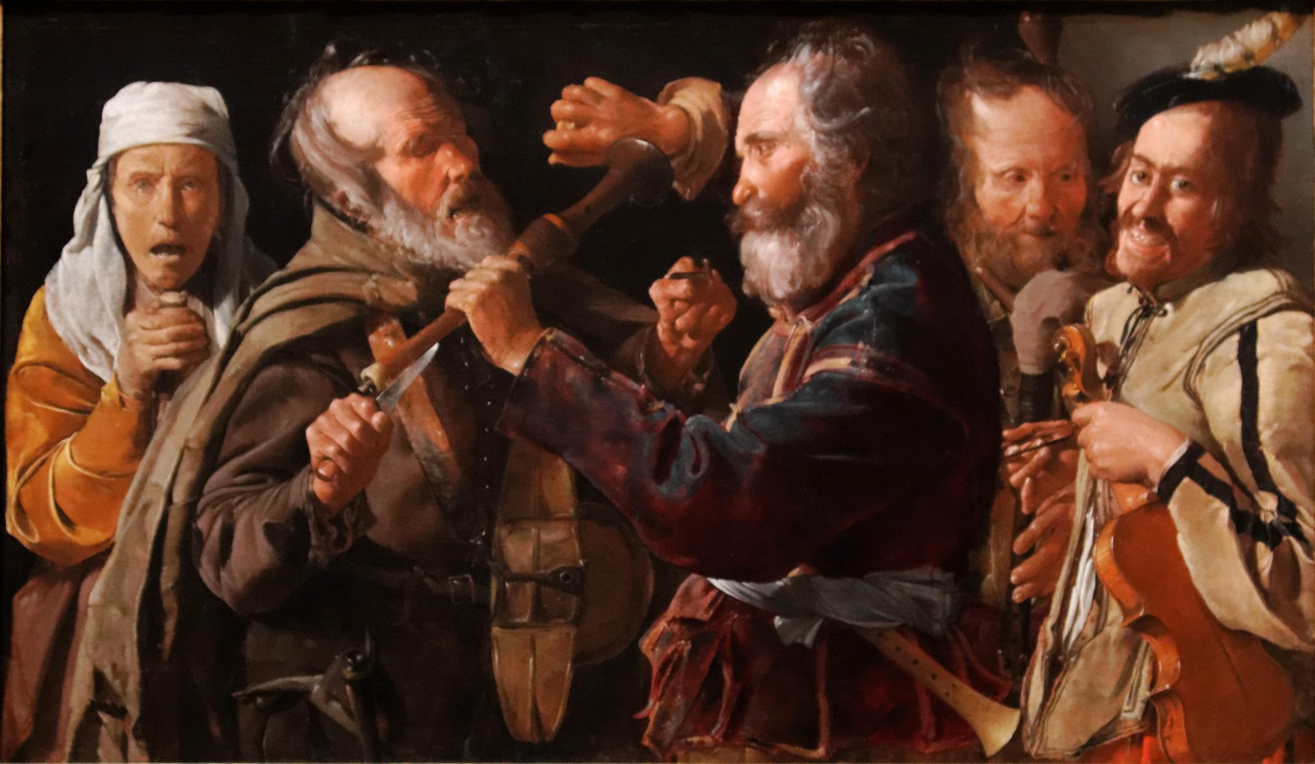 En målning där två personer slåss med tillhyggen och tre personer tittar på.