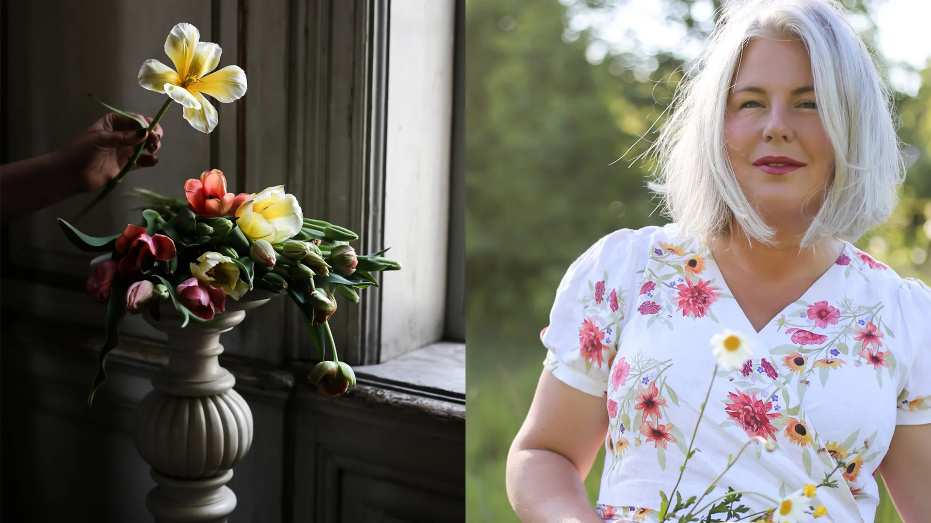 Till vänster en vas med blommor, till höger ett porträtt av Hanna Wendelbo